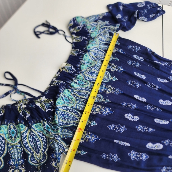 Kori America White Navy Blue Romper Off The Shoulder Tie Paisley Rayon Sz M - Picture 13 of 16